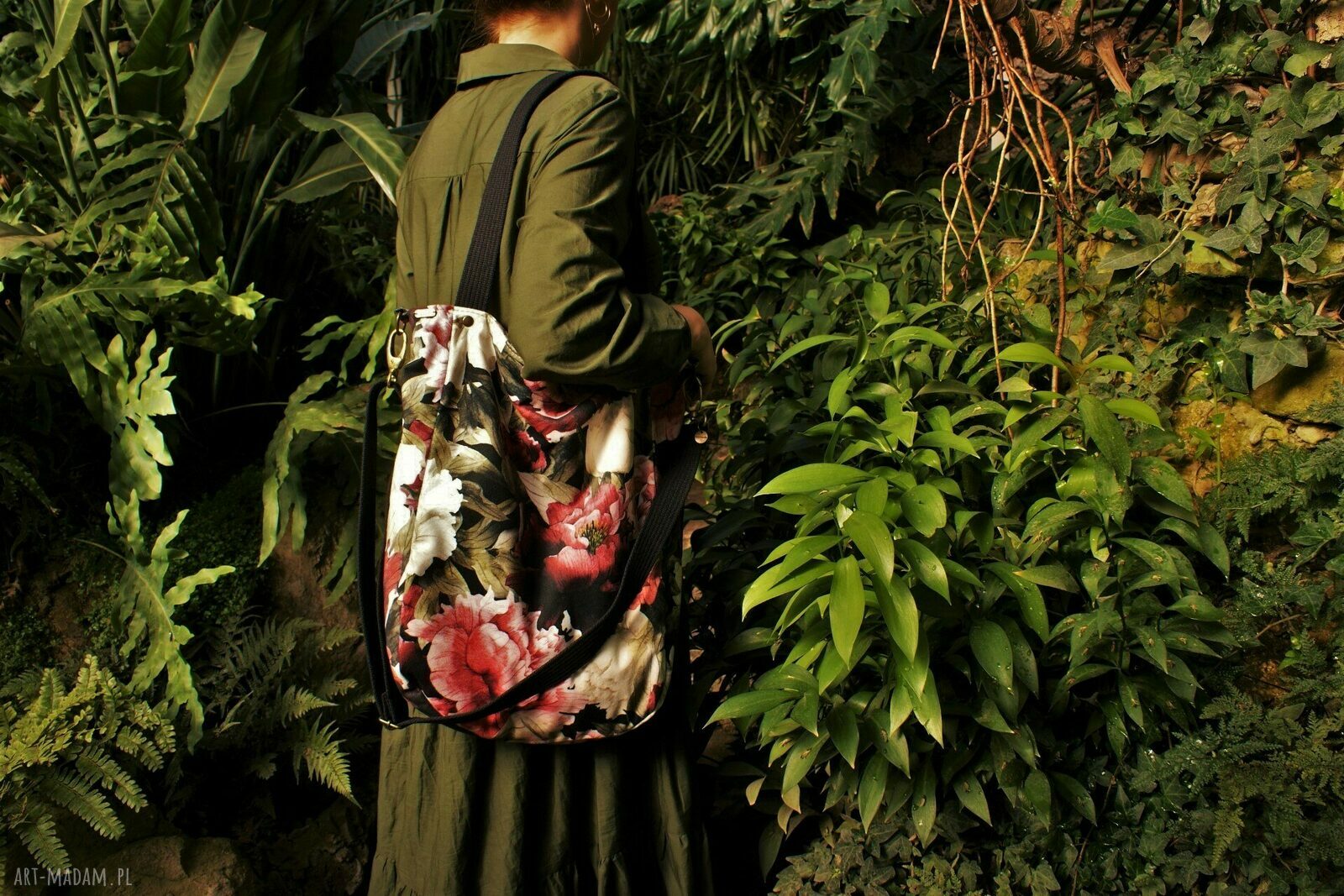 Klasiks piwonie welur shopper torba torebka boho hippie zgrabna