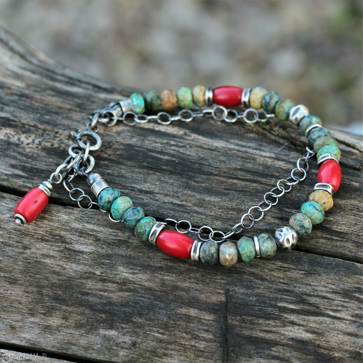 Bransoletka boho z chryzokoli i koralu (18,5-19,5 cm)