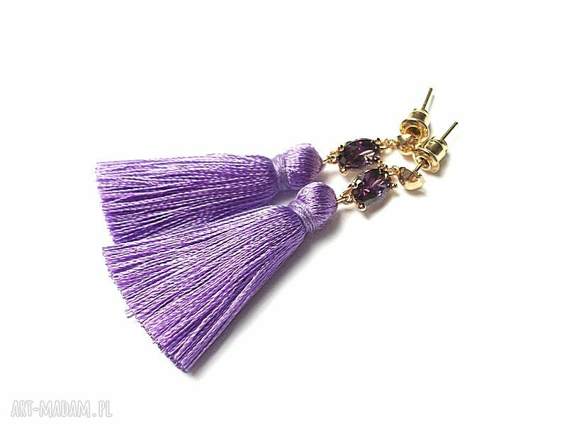 Liliowe kolczyki boho z chwostami i cyrkoniami - handmade