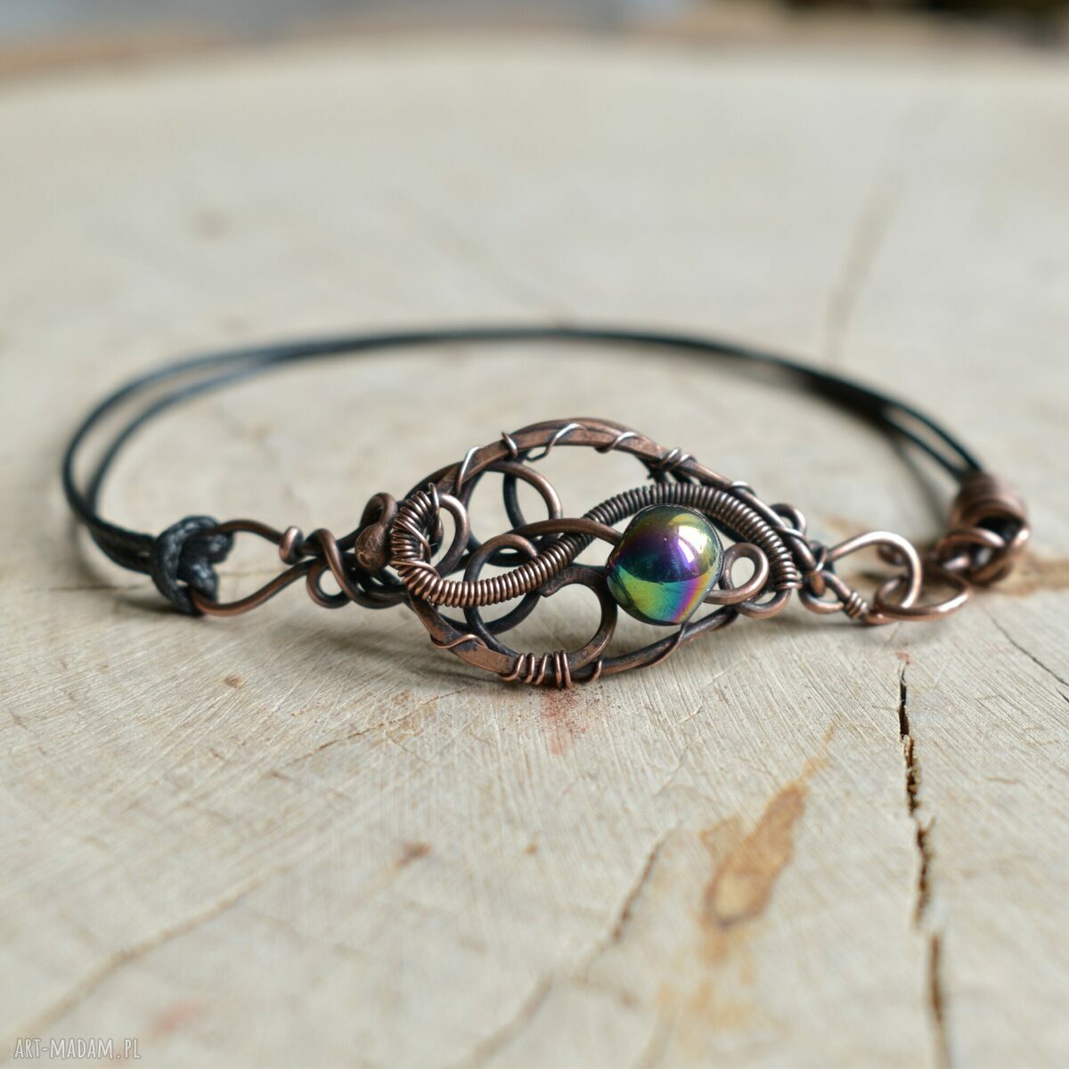 Boho love - bransoletka w stylu boho - miedź i tęczowe szkło