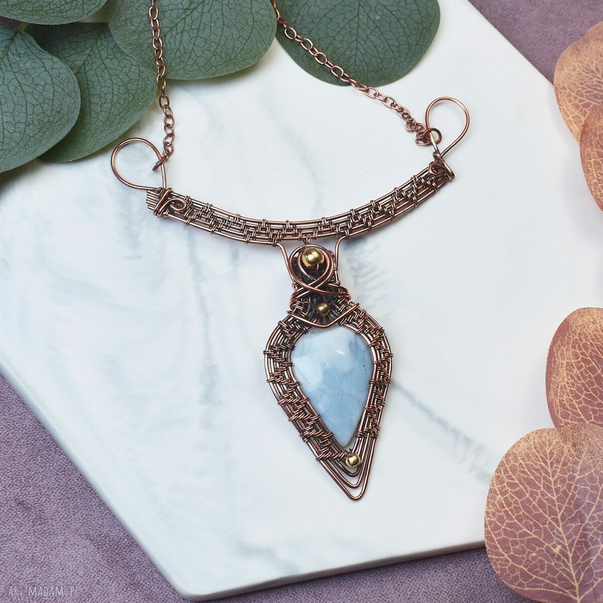 Miedziany naszyjnik wire wrapping z opalem Owyhee - ręcznie robiony