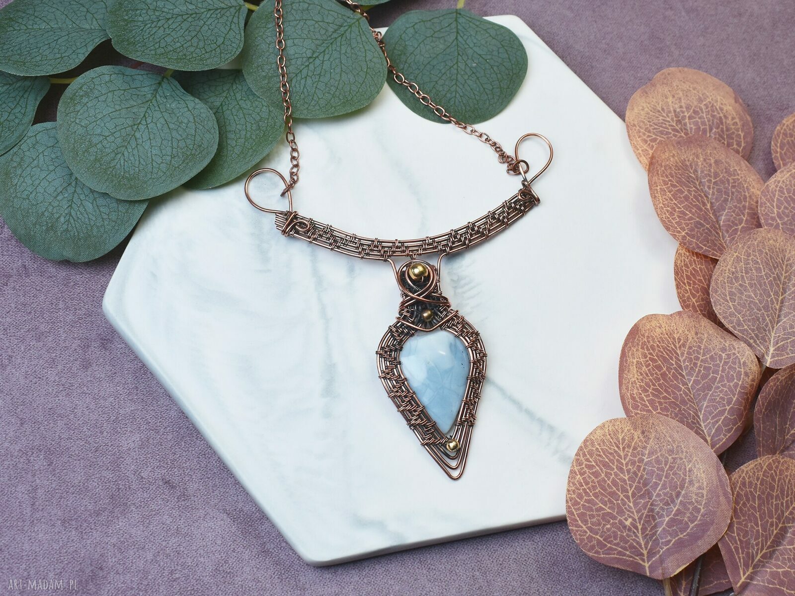 Miedziany naszyjnik wire wrapping z opalem Owyhee ręcznie robiony