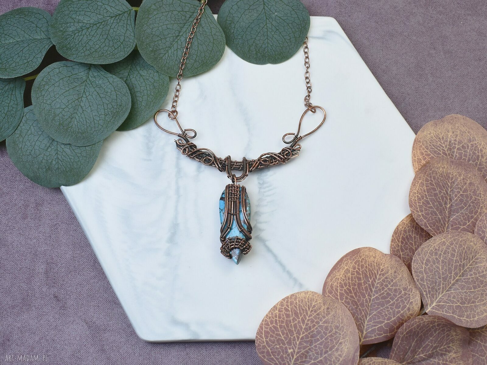 Naszyjnik z kamieniem miedziany wire wrapping, amulet