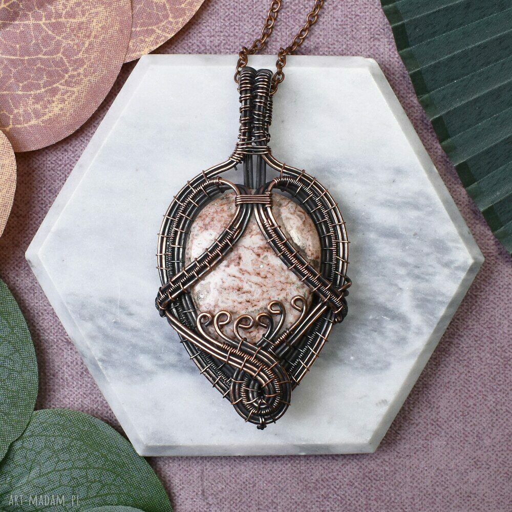 Miedziany wisiorek Wire Wrapping z agatem Crazy Lace - ręcznie robiony