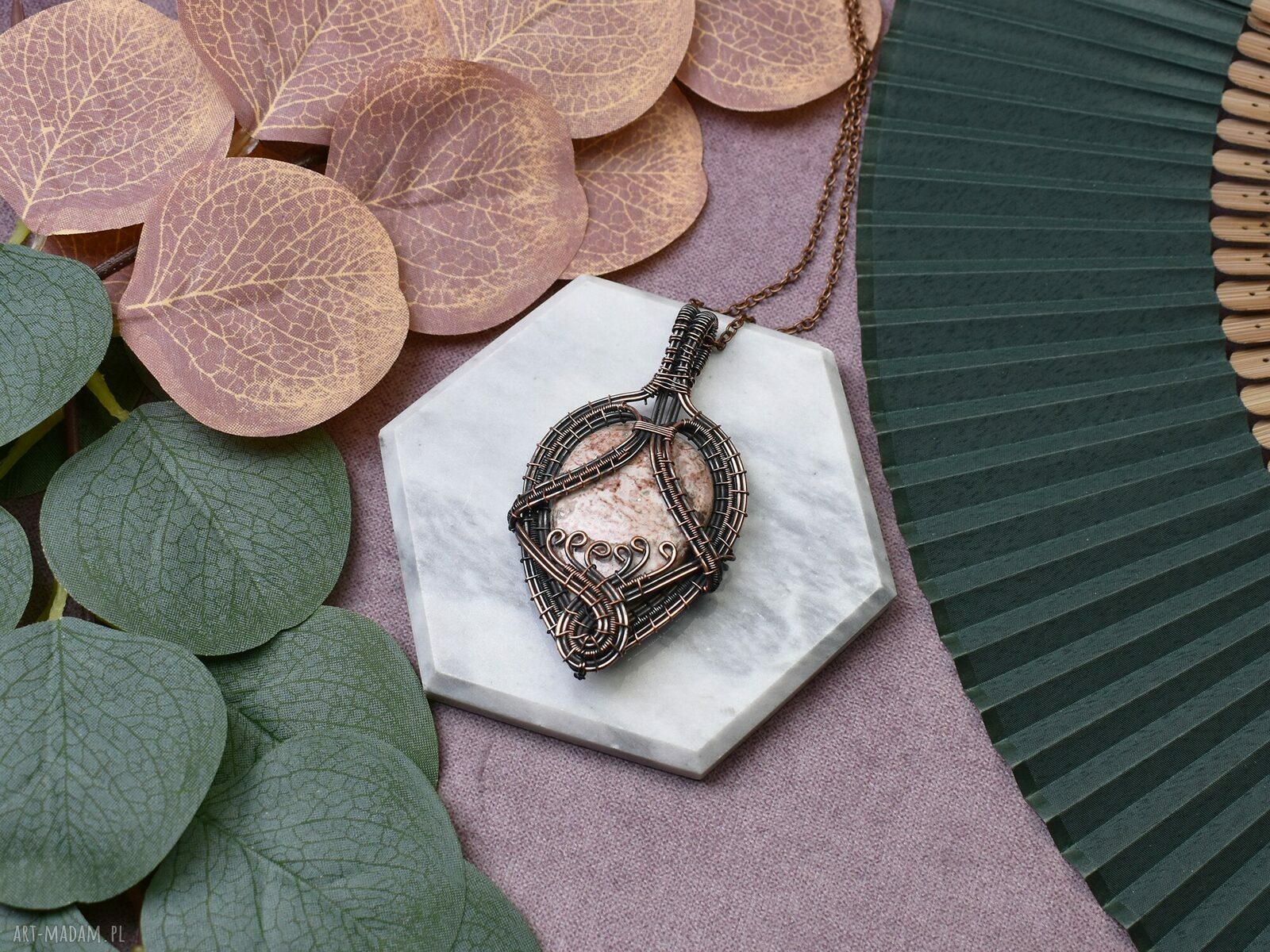 Miedziany wisiorek Wire Wrapping z agatem Crazy Lace ręcznie robiony