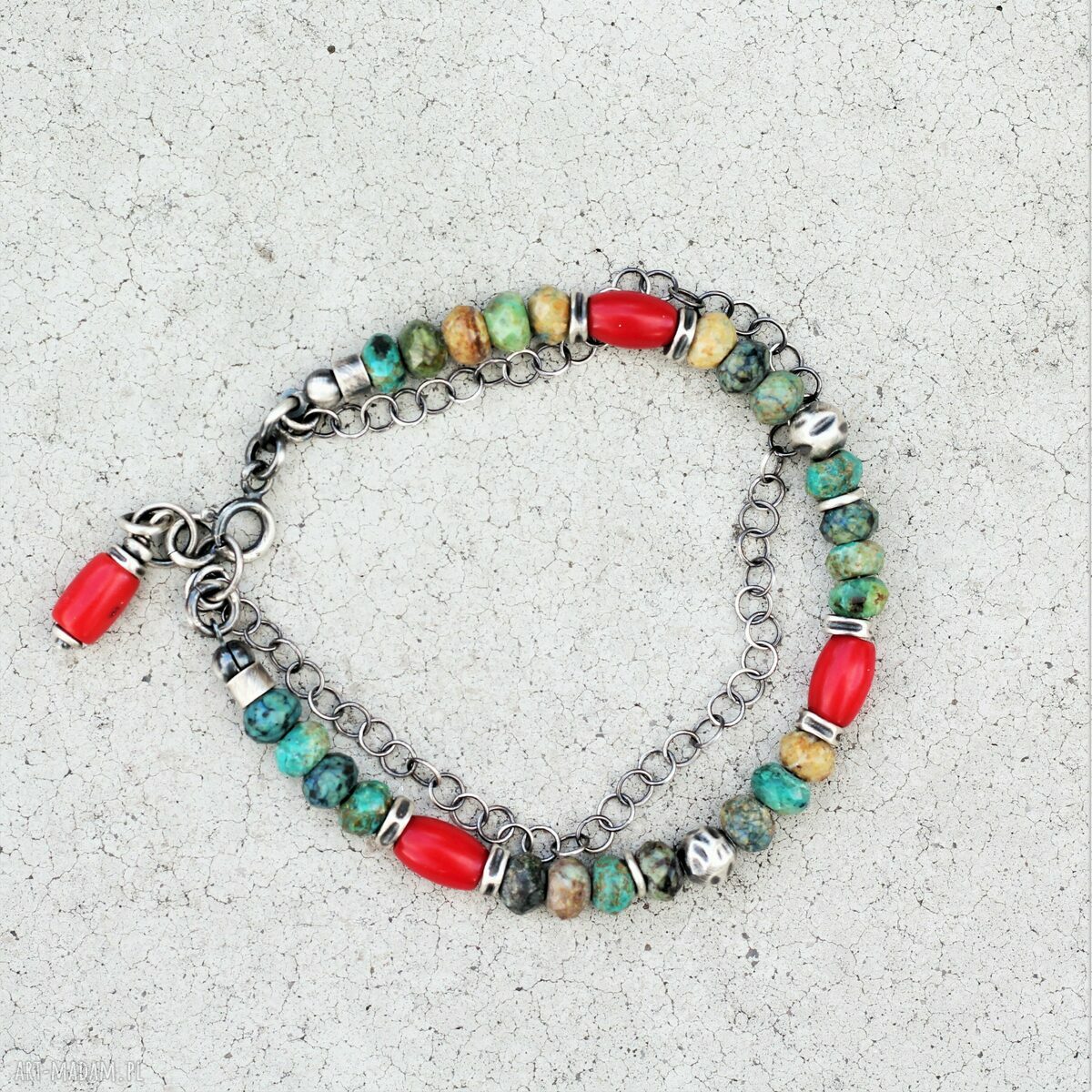 Bransoletka boho z chryzokoli i koralu (18,5-19,5 cm)