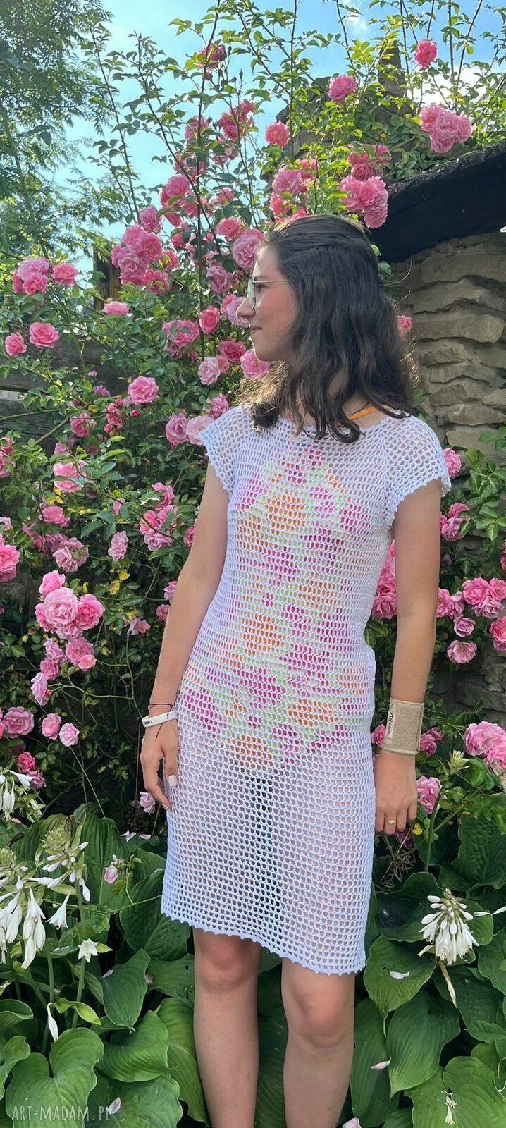 Boho narzutka plażowa szydełkowana z bawełny i bambusa S/M
