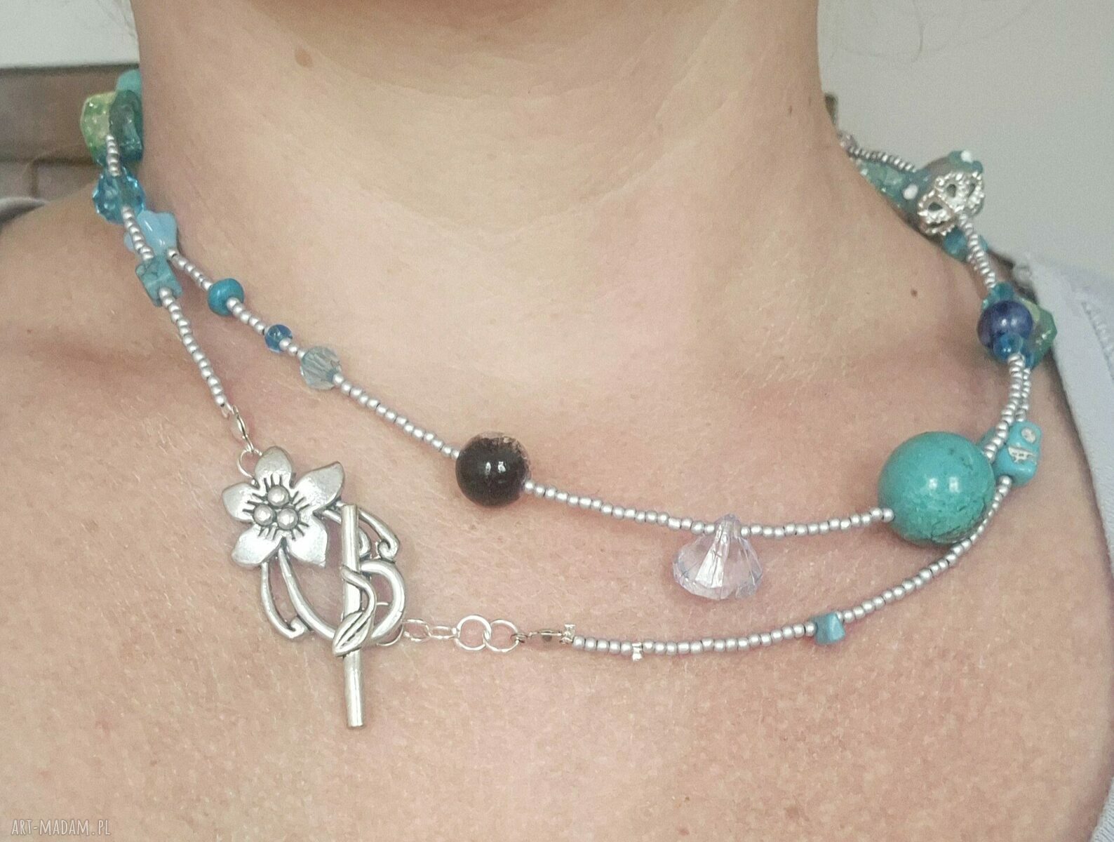 Duży naszyjnik boho w turkusie i niebieskim - folk etno, 96 cm