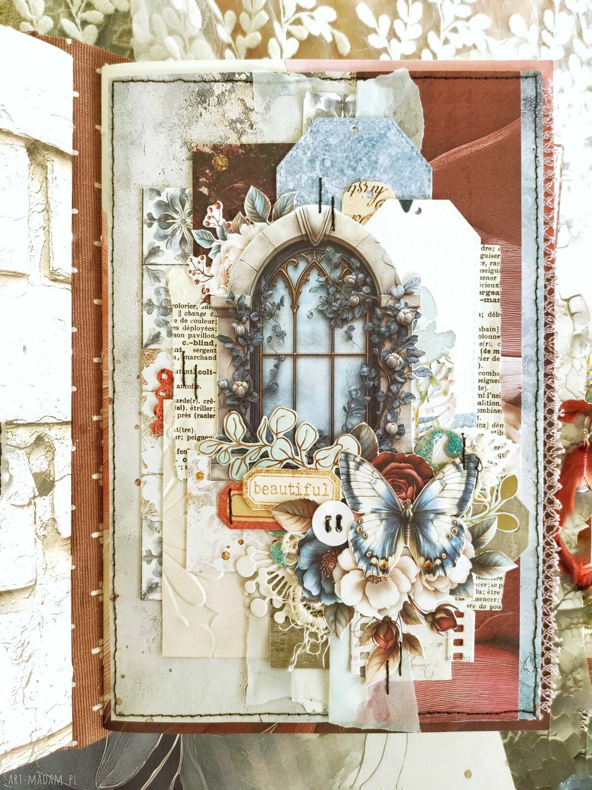 Boho Junk Journal A5 vintage z koronką - ręcznie robiony notes na Twoje historie