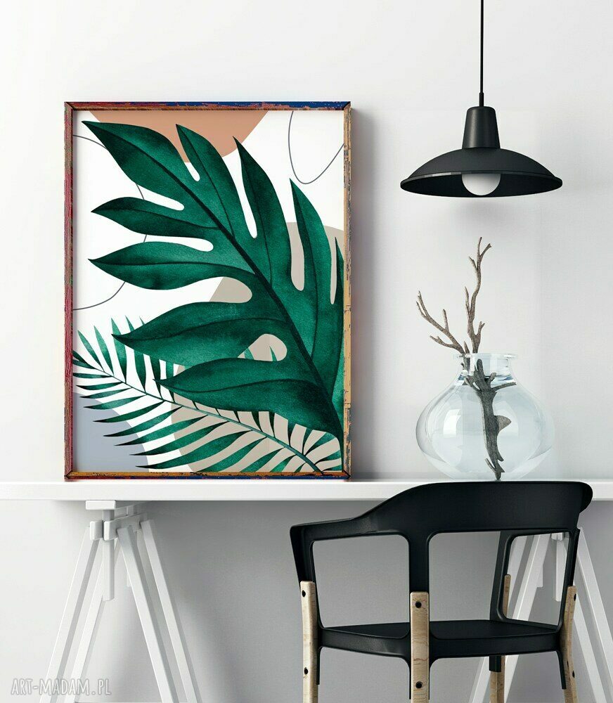 Plakat boho Liście 61x91 cm - roślinny akcent w zielono-beżowej palecie