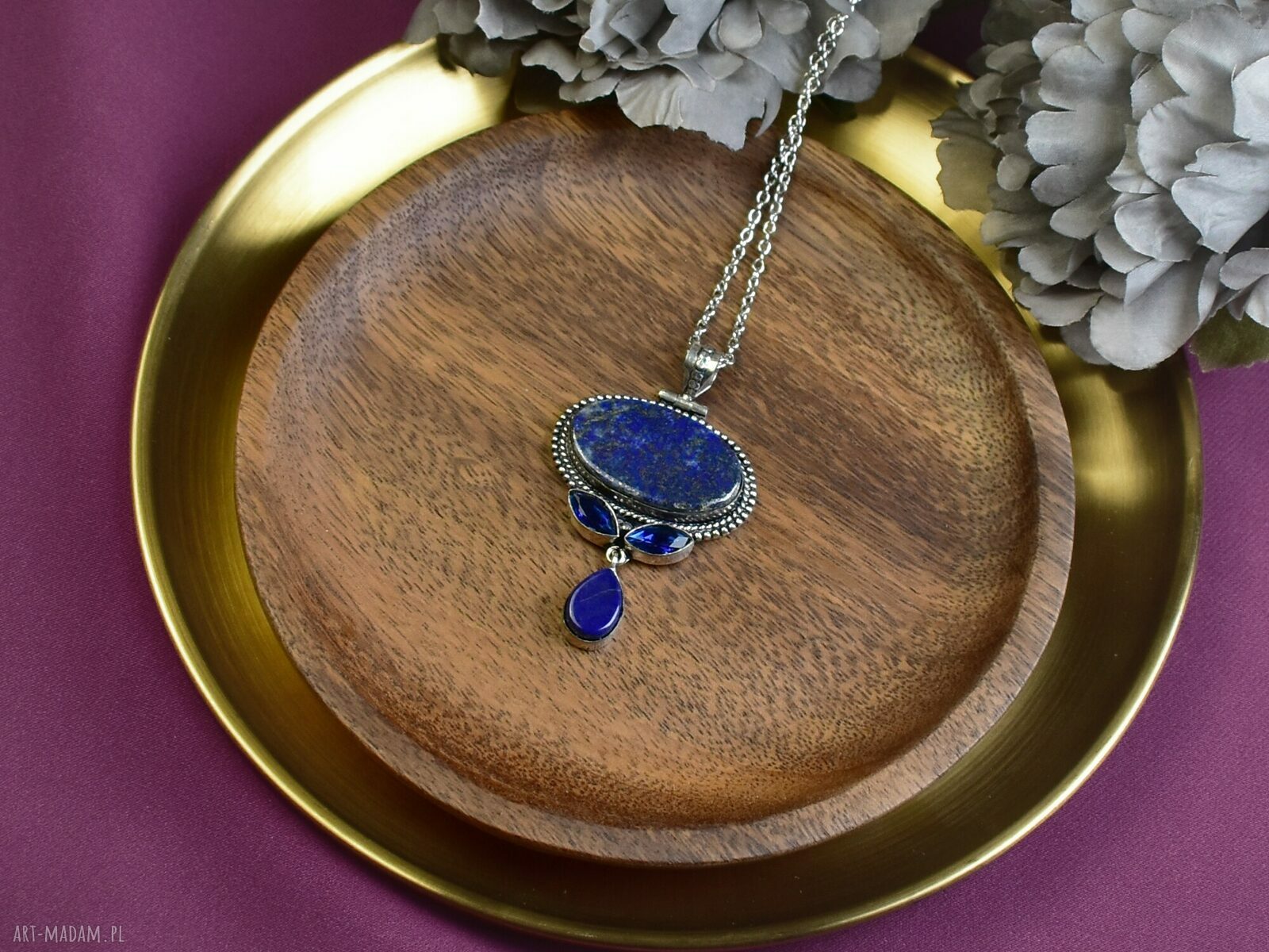Posrebrzany wisiorek z lapisem lazuli i tanzanitem #617 ręcznie robiona biżuteria boho