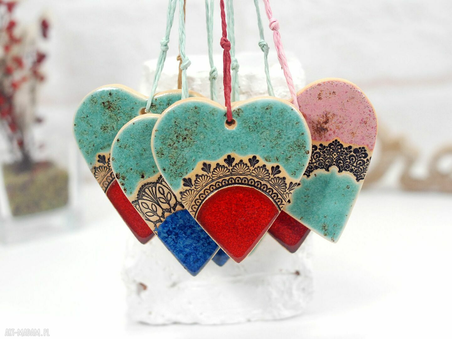 Boho serca ceramiczne - ozdoby choinkowe z neodymowym magnesem