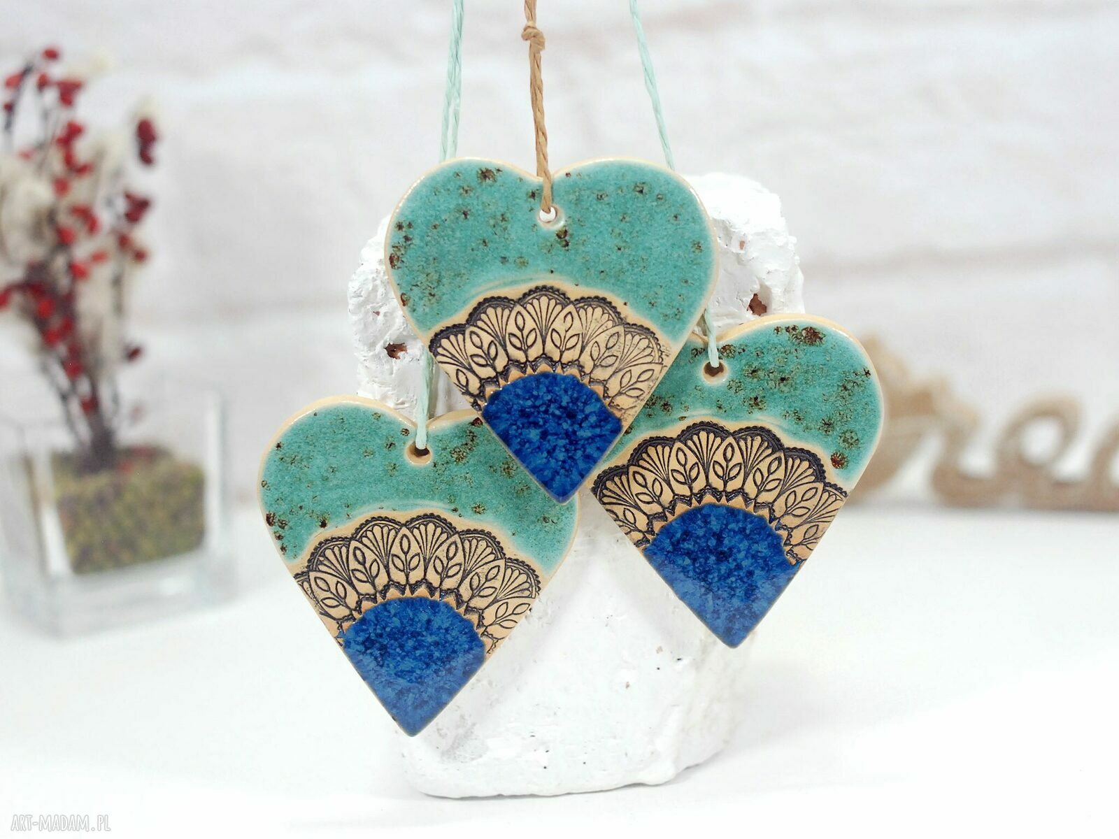 Boho serca ceramiczne - ozdoby choinkowe z neodymowym magnesem