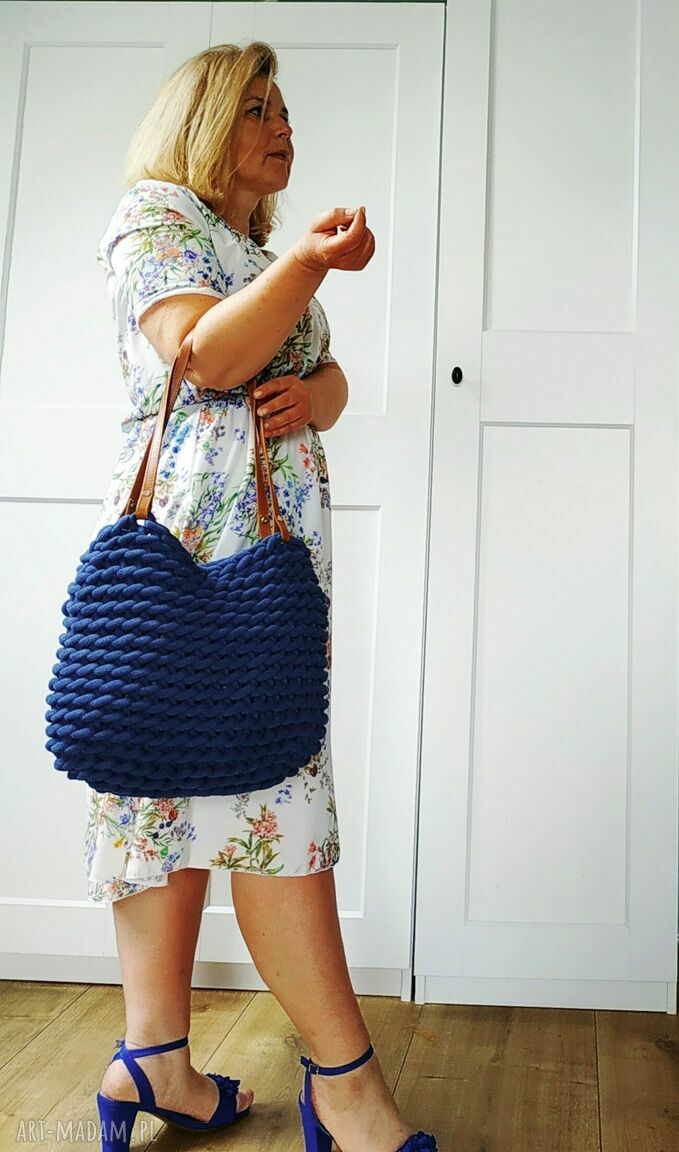 Torba Boho Wave Bag w kolorze Jeans - na ramię, ręcznie szydełkowana