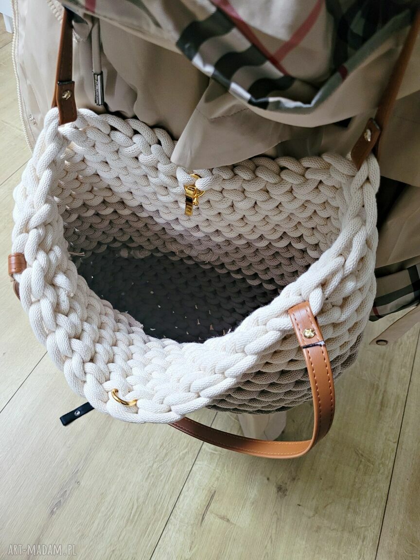 Torba Boho Wave Bag na jesień z grubego sznurka bawełnianego - beżowe ombre na ramię
