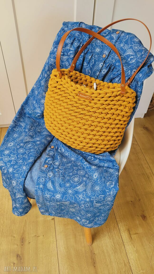 Torba Boho Wave Bag musztardowa - ręcznie szydełkowana torba worek