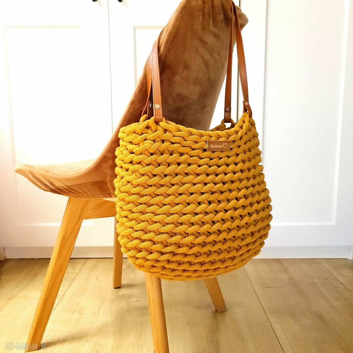 Torba Boho Wave Bag musztardowa - ręcznie szydełkowana torba worek
