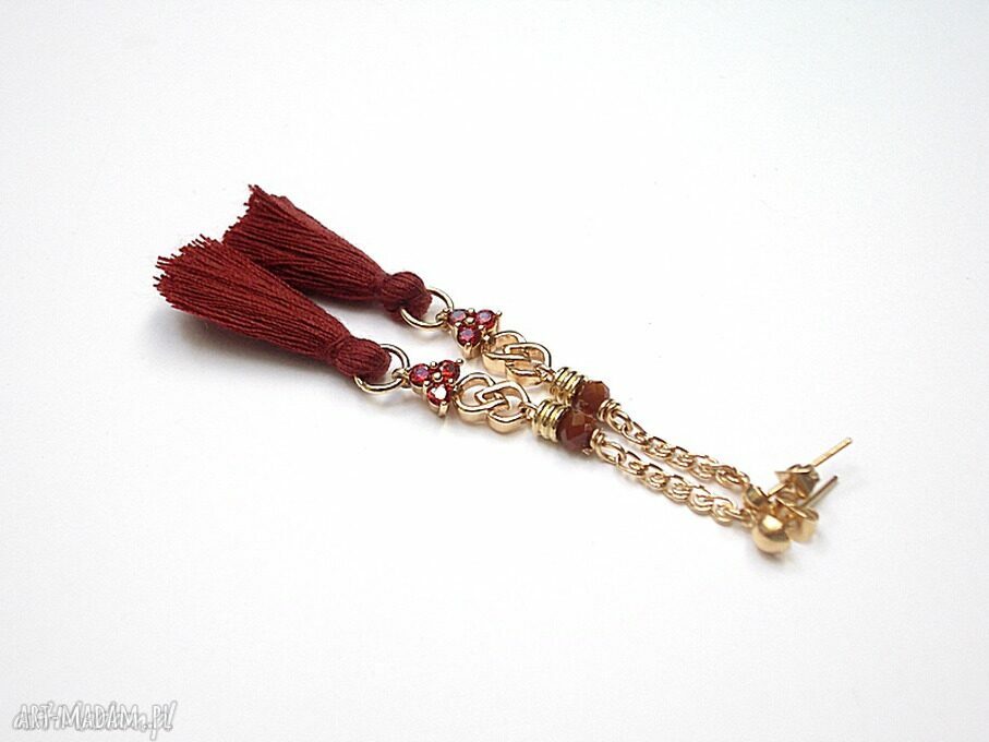 Boho kolczyki jarzębinki z chwostami, cyrkoniami i kryształkami 8 cm (handmade)