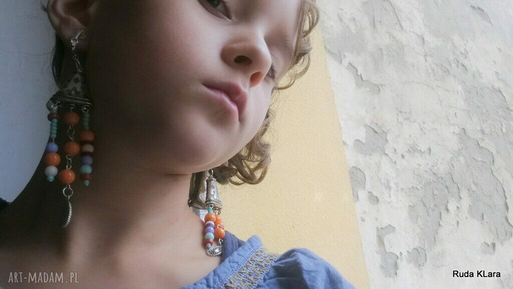 Klipsy boho etno wiszące długie - ręcznie robione koraliki (Ruda Klara)