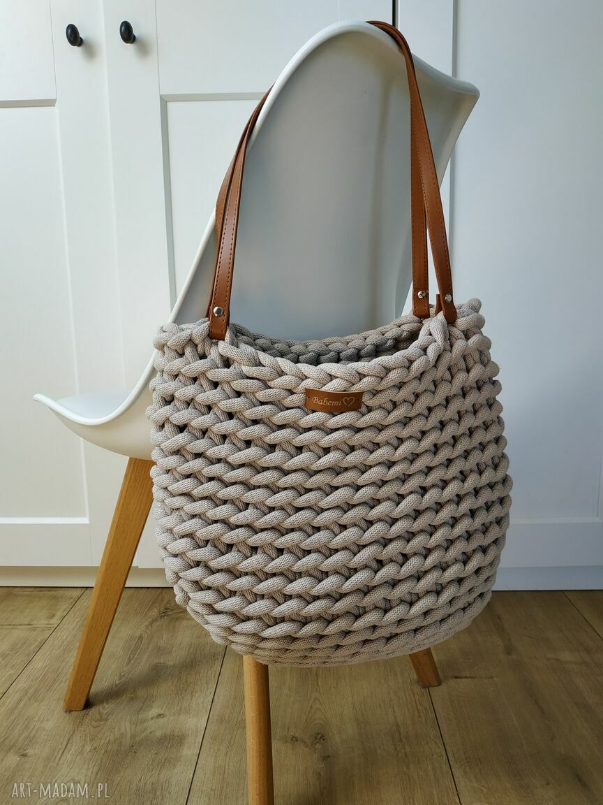 Duża torba boho wave bag beżowa na ramię - handmade ze sznurka