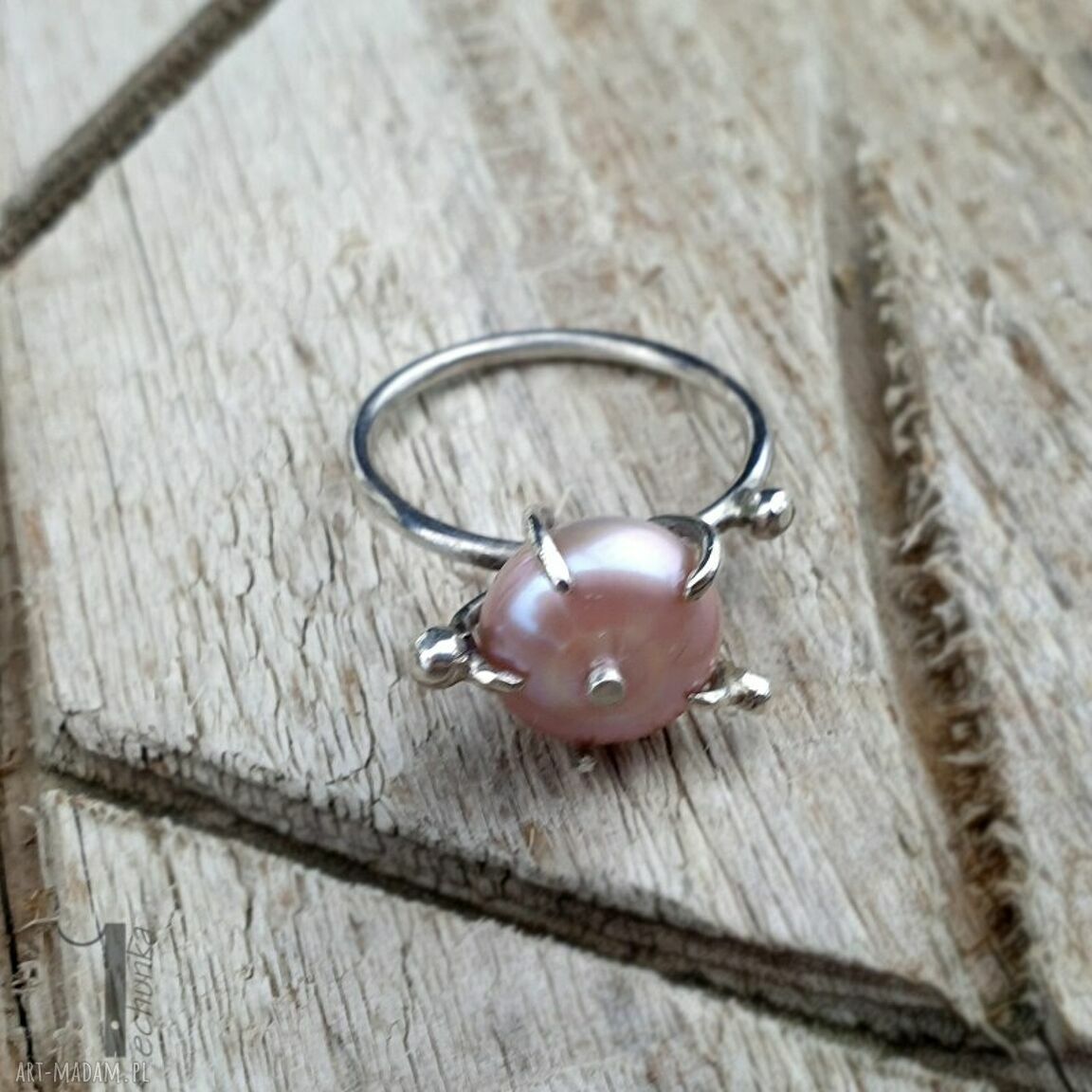 pierścionki: Wild pearl atomic pink II srebrny pierścionek z perłą słodkowodną Handmade