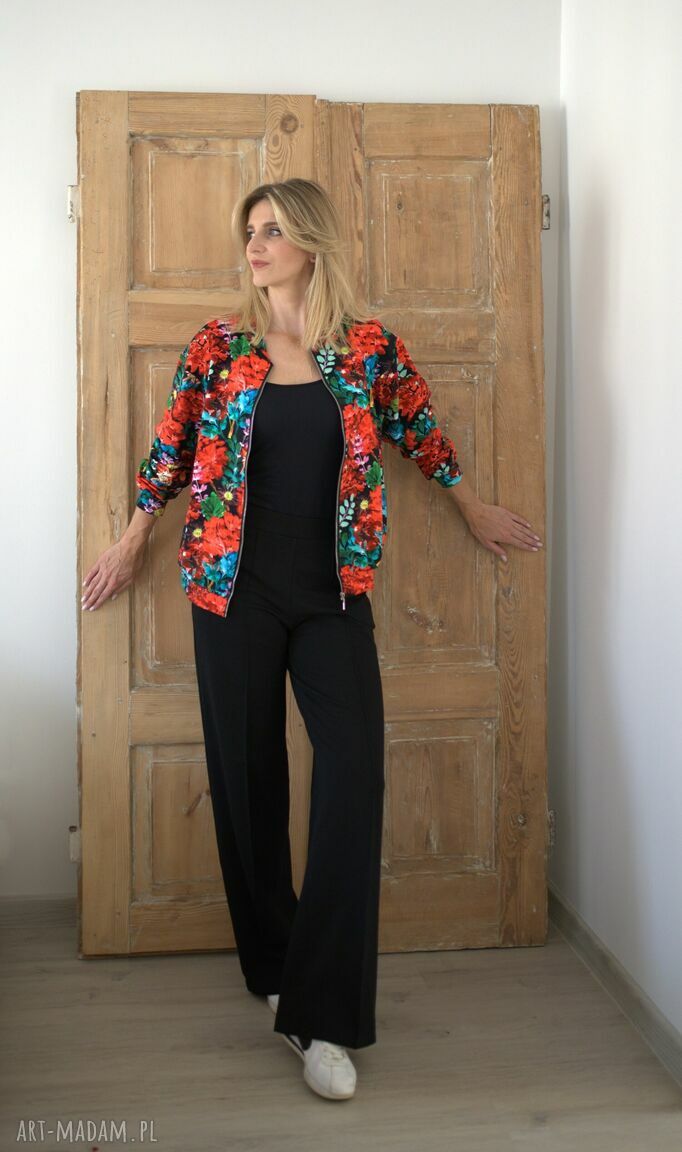 bluzy: Bomberka oversize czerwone kwiaty Autorskie