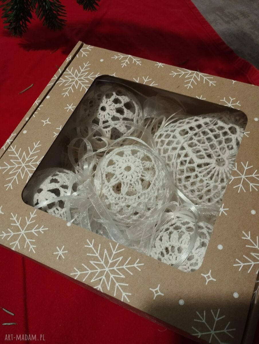 Bombki 4 sztuki i serduszko - handmade dekoracje świąteczne ecru