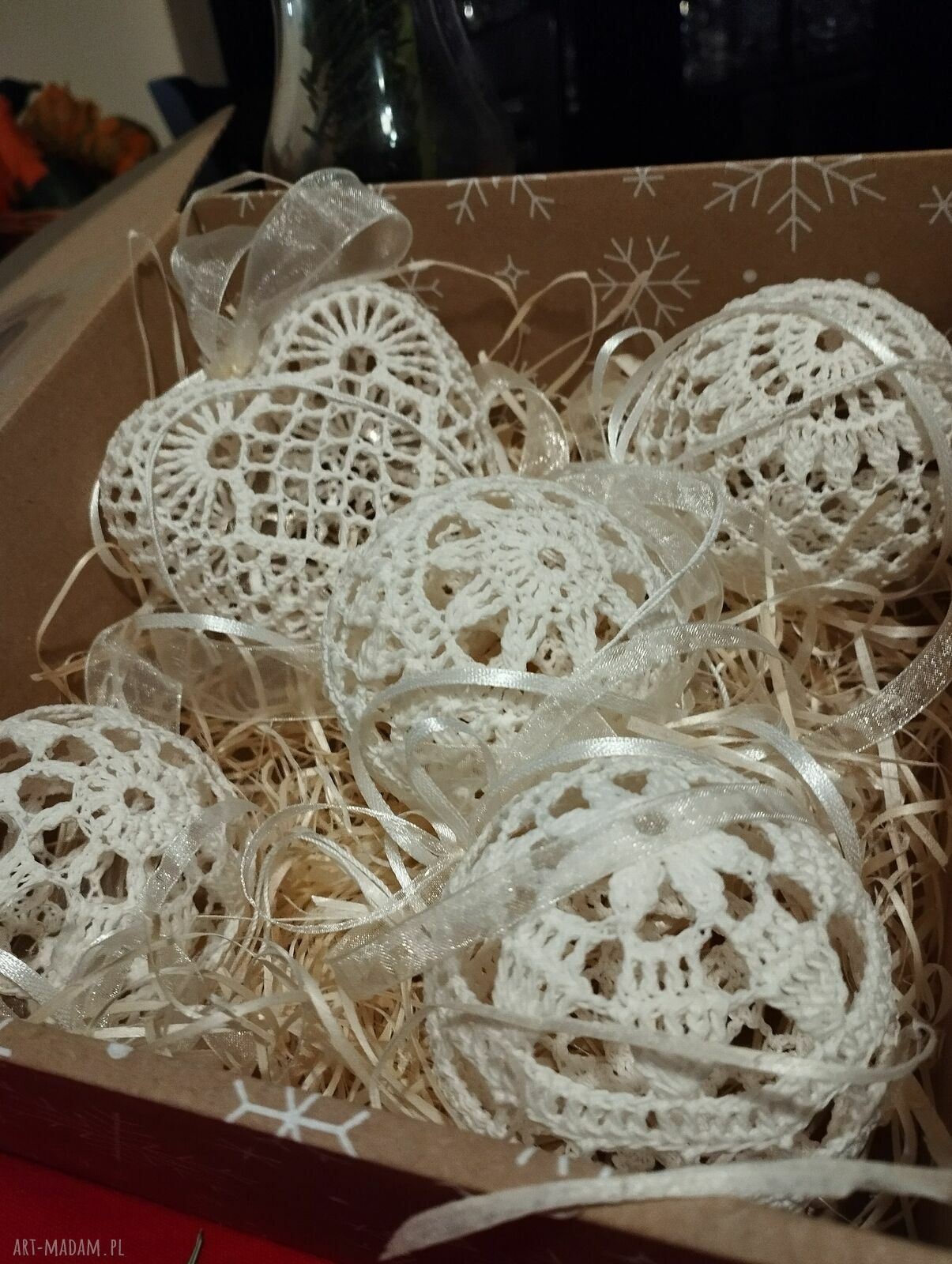 Bombki 4 sztuki i serduszko - handmade dekoracje świąteczne ecru
