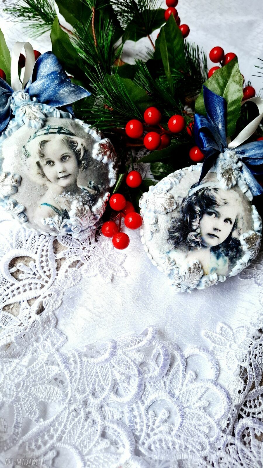 Bombki medaliony w stylu vintage - srebrzone ornamenty, zestaw 2 szt