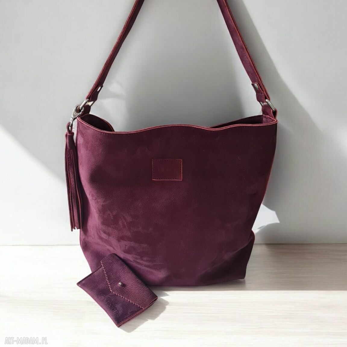 Bordowa shopper bag z frędzlami - duża torebka na ramię boho, etui gratis