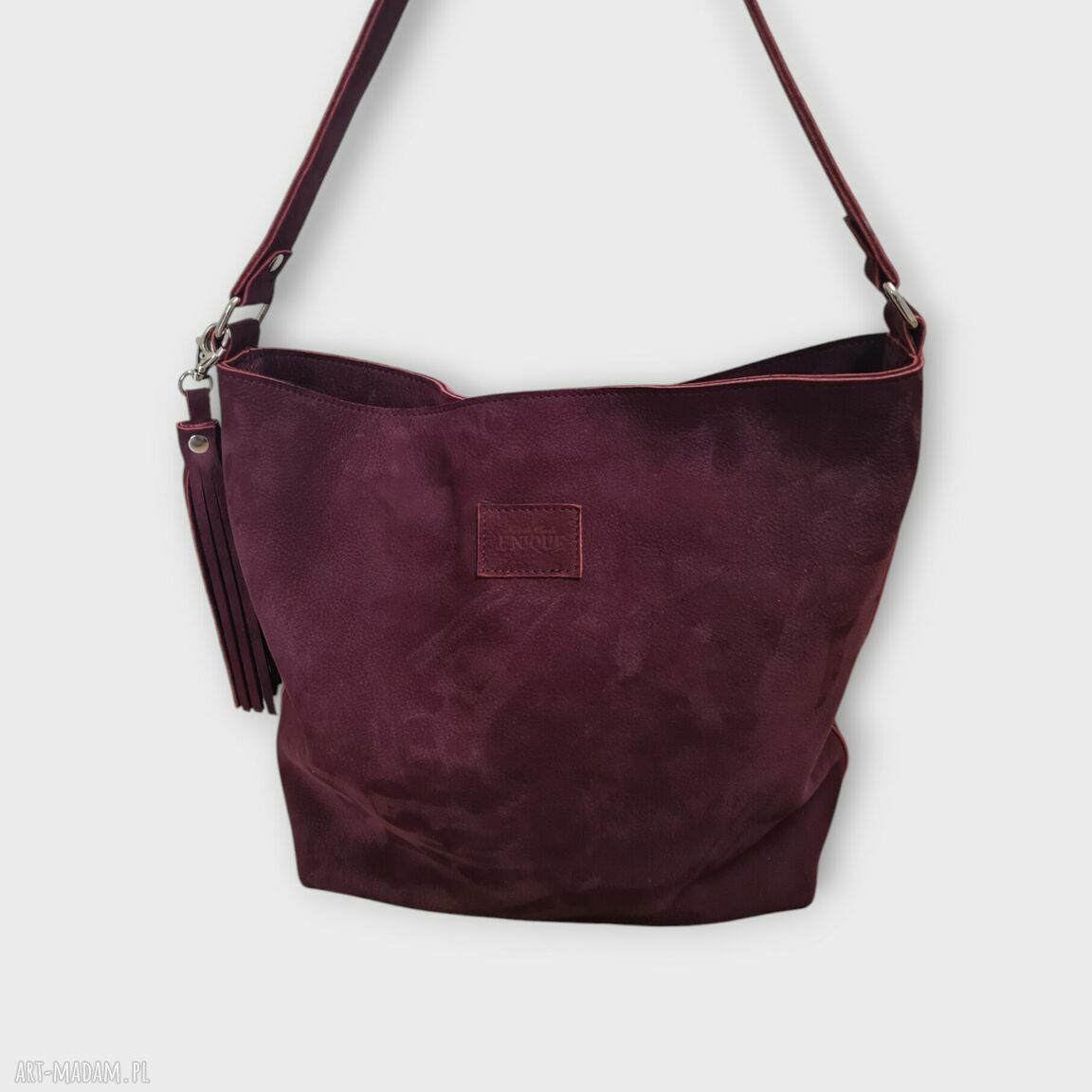 Bordowa shopper bag z frędzlami - duża torebka na ramię boho, etui gratis