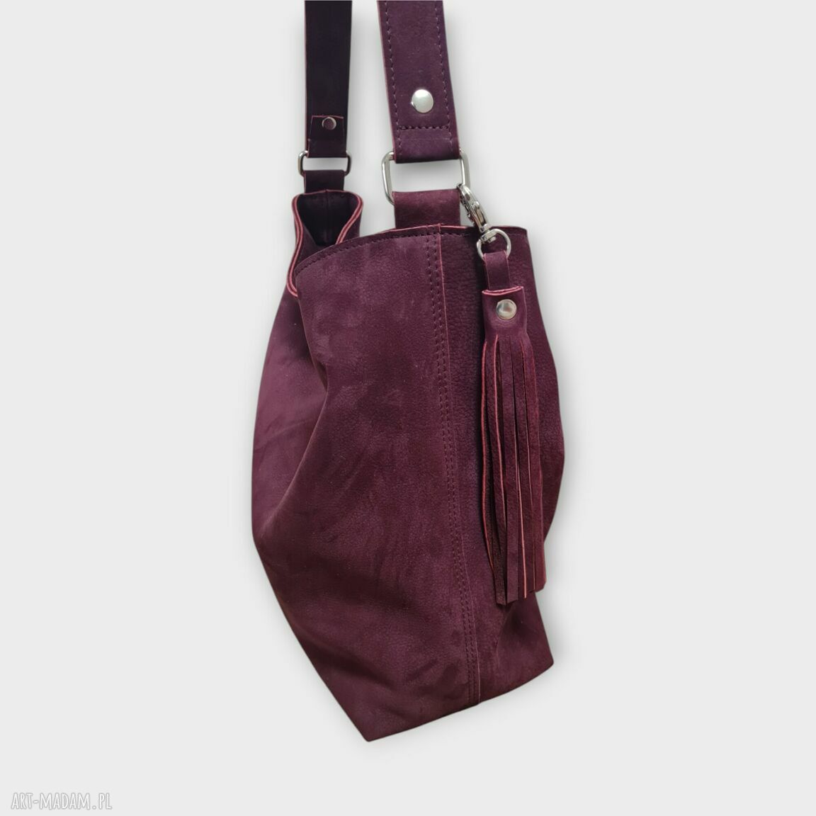 Bordowa shopper bag z frędzlami - duża torebka na ramię boho, etui gratis