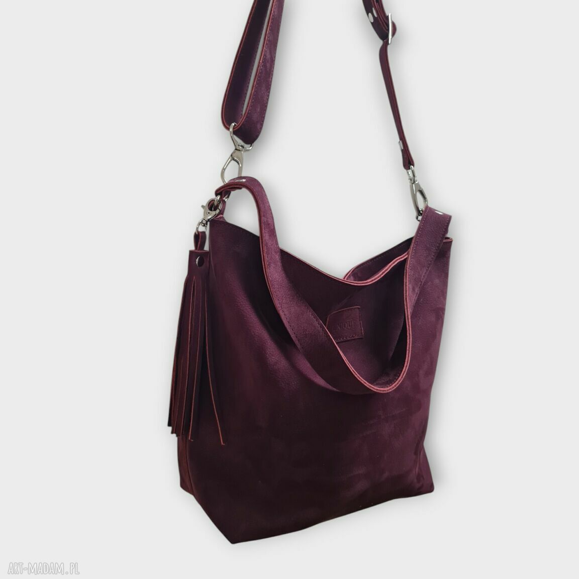 Bordowa shopper bag z frędzlami - duża torebka na ramię boho, etui gratis