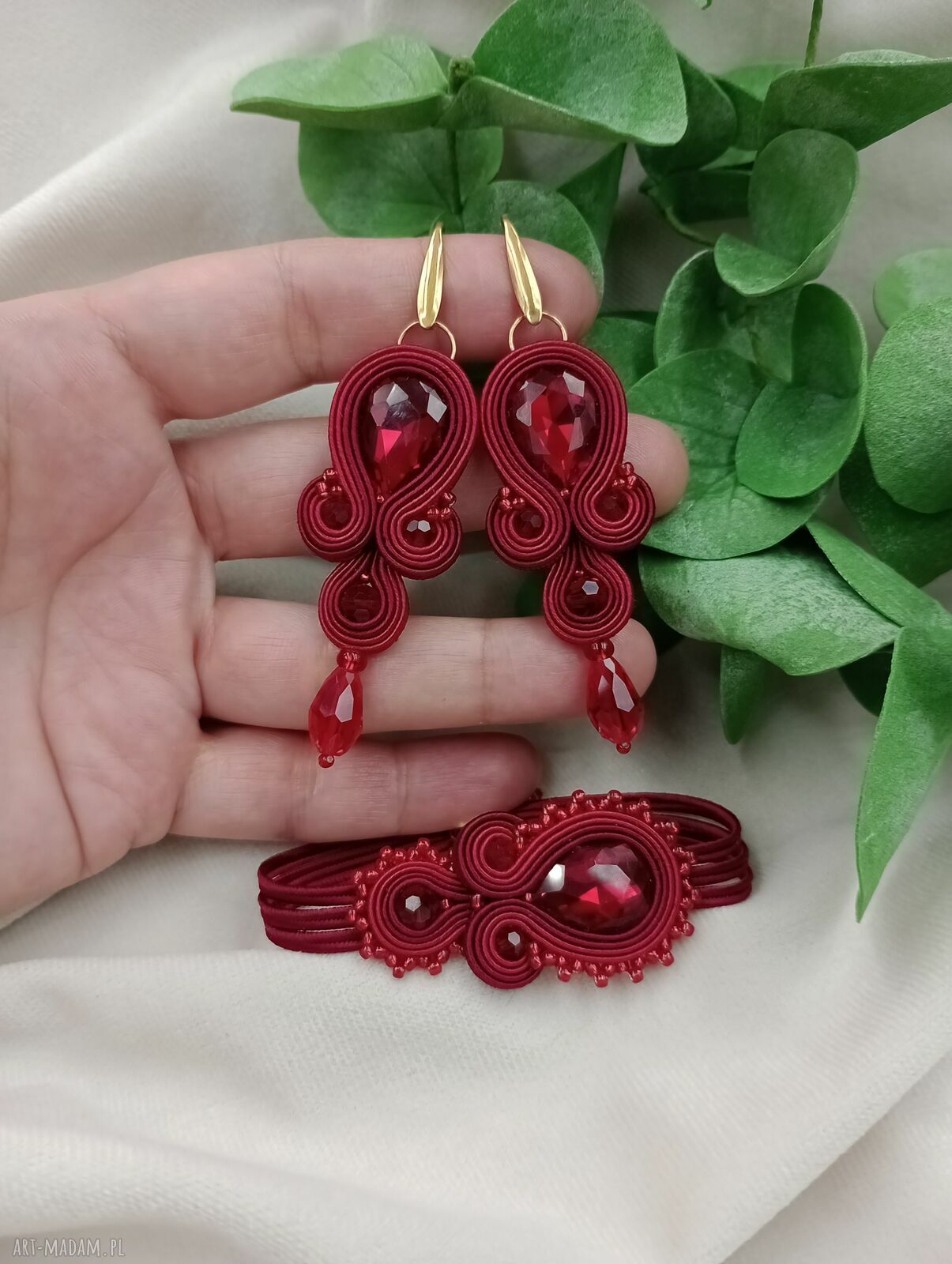 Bordowy komplet soutache z kryształami - prezent dla mamy