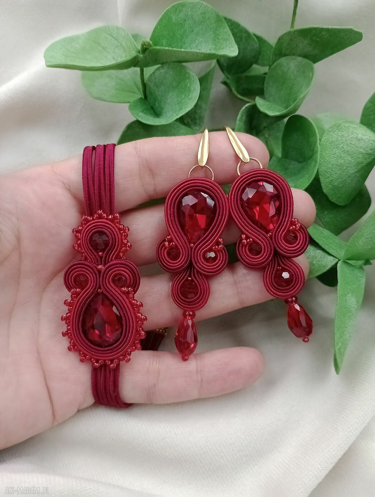 Bordowy komplet soutache z kryształami - prezent dla mamy