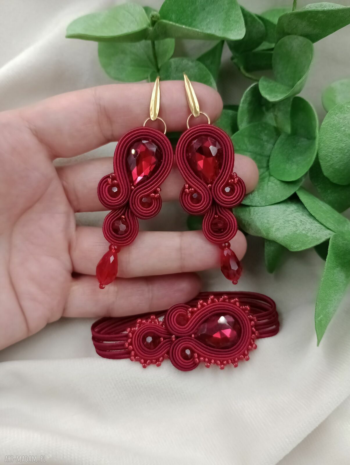 Bordowy komplet soutache z kryształami - prezent dla mamy