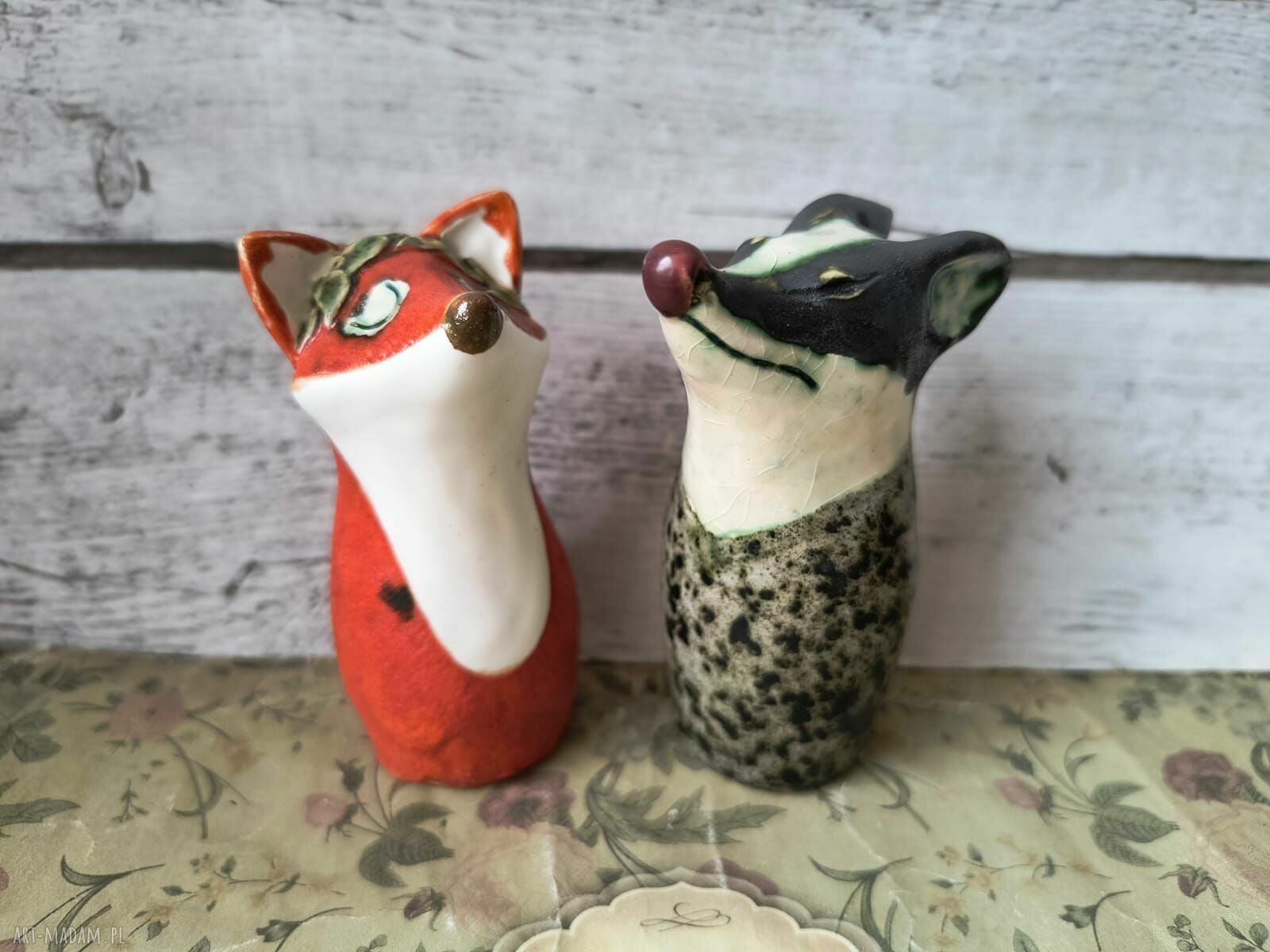 Borsuk i lis - figurki ceramiczne handmade, ok. 6,5 cm