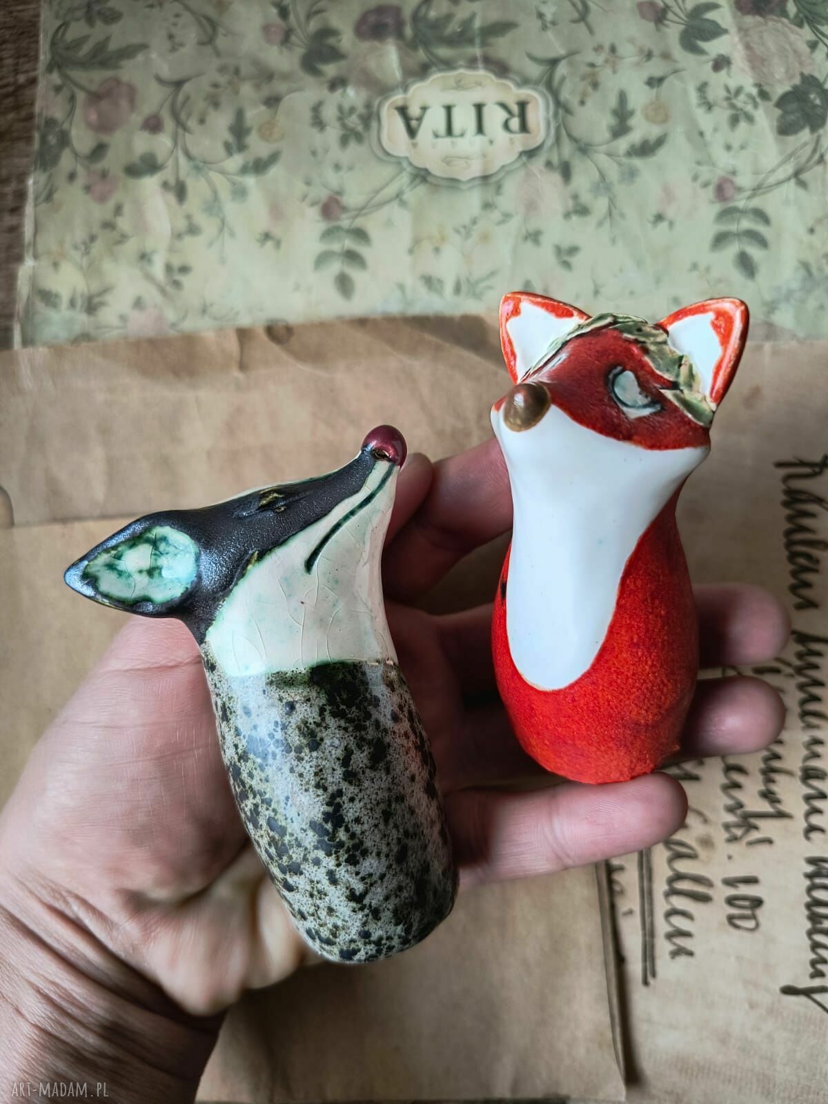 Borsuk i lis - figurki ceramiczne handmade, ok. 6,5 cm