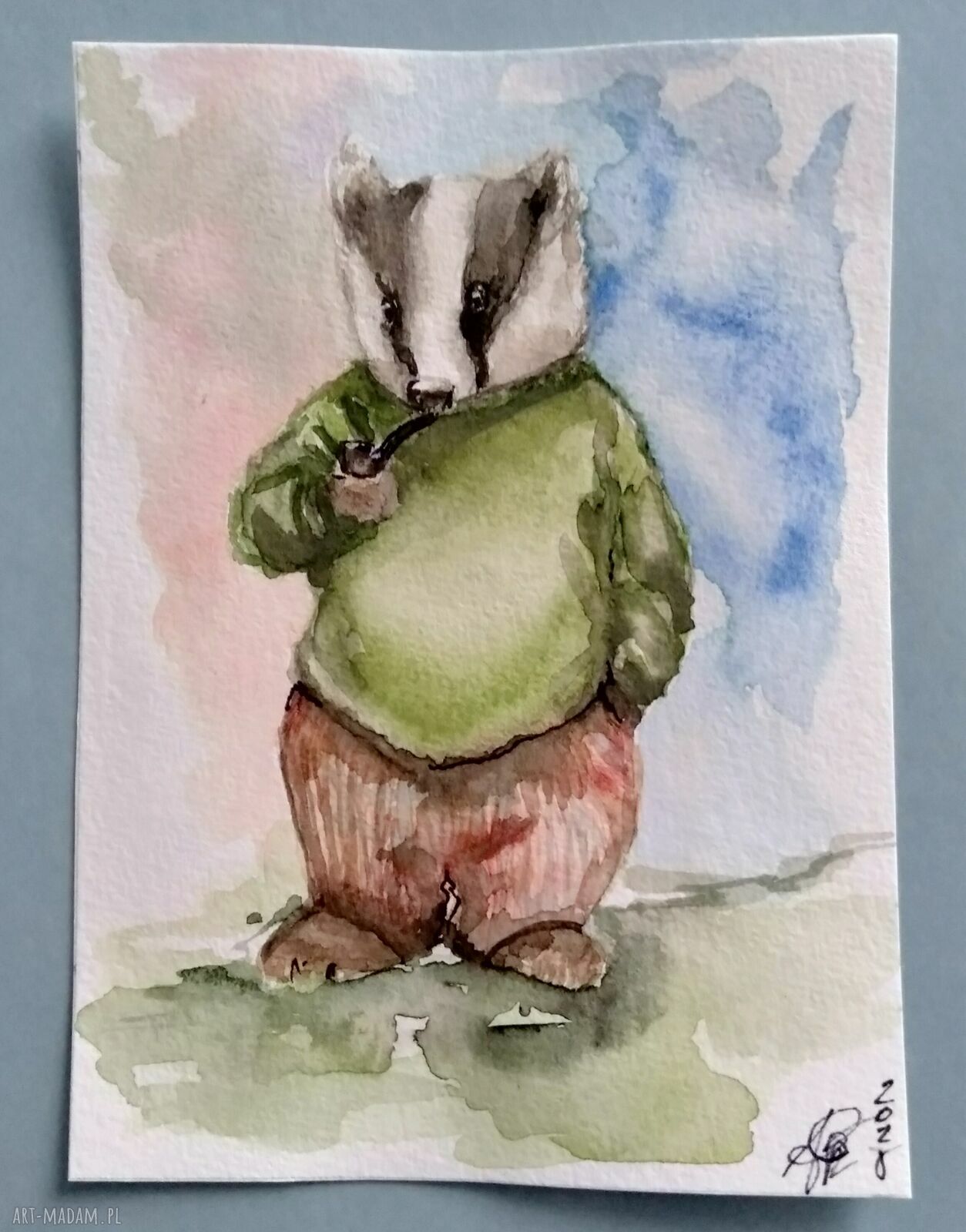 Borsuk - ilustracja bajkowa jesienna w akwareli