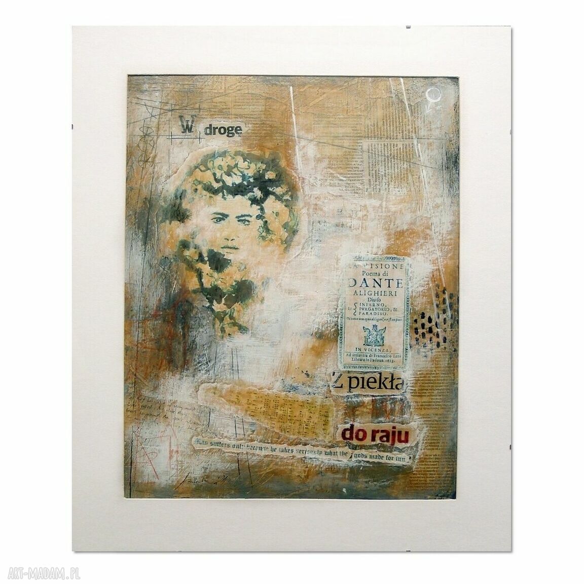 Boska komedia - obraz ręcznie malowany w technice mieszanej (collage), 50 x 60 cm