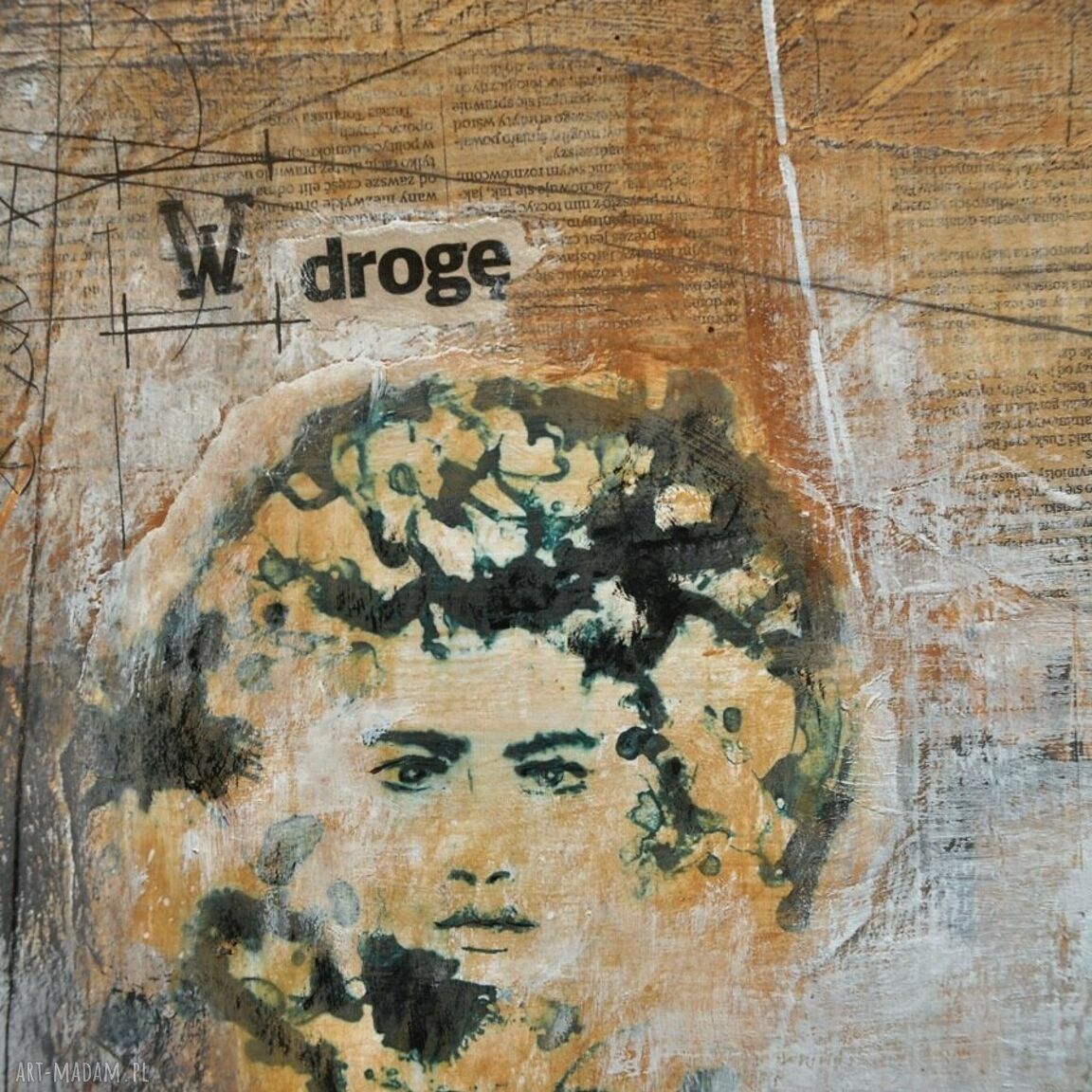 Boska komedia - obraz ręcznie malowany w technice mieszanej (collage), 50 x 60 cm