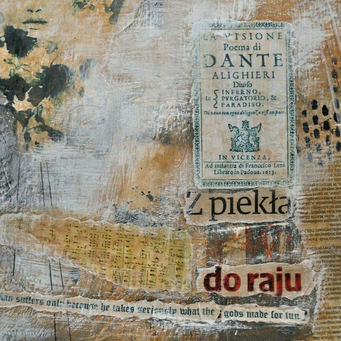 Boska komedia - obraz ręcznie malowany w technice mieszanej (collage), 50 x 60 cm