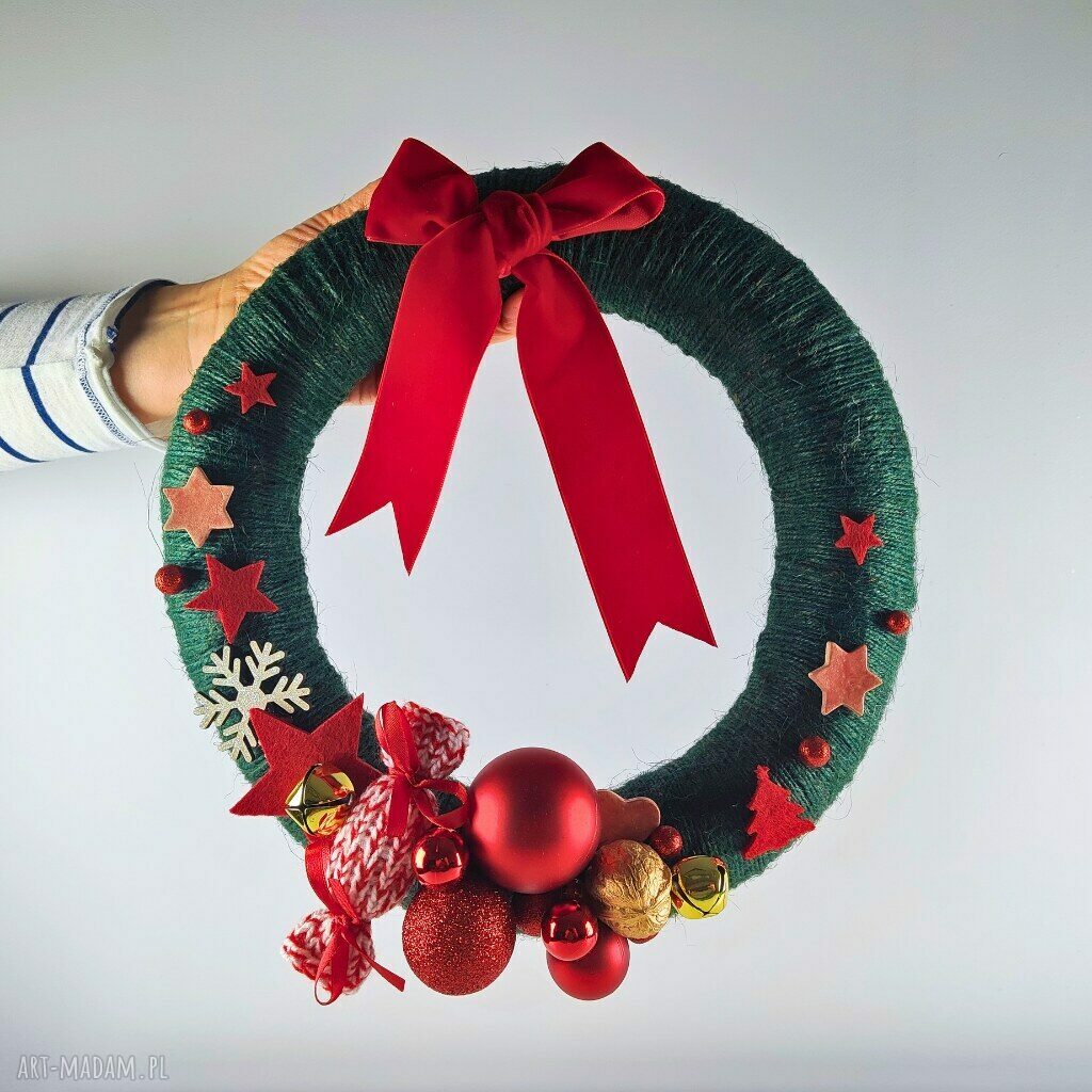 Bożonarodzeniowy wianek na drzdi z dzwonkami - handmade 30 cm
