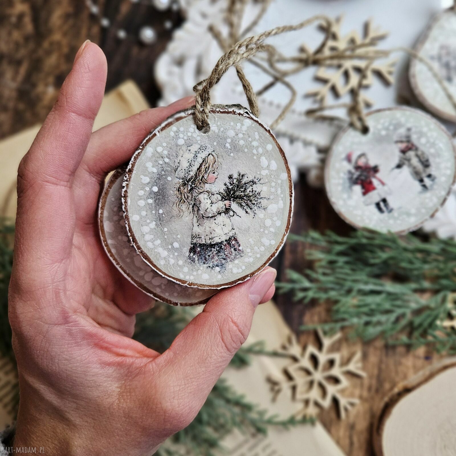 na święta prezent: Zimowe plasterki choinkowe z decoupage zestaw 5 drewnianych ozdób