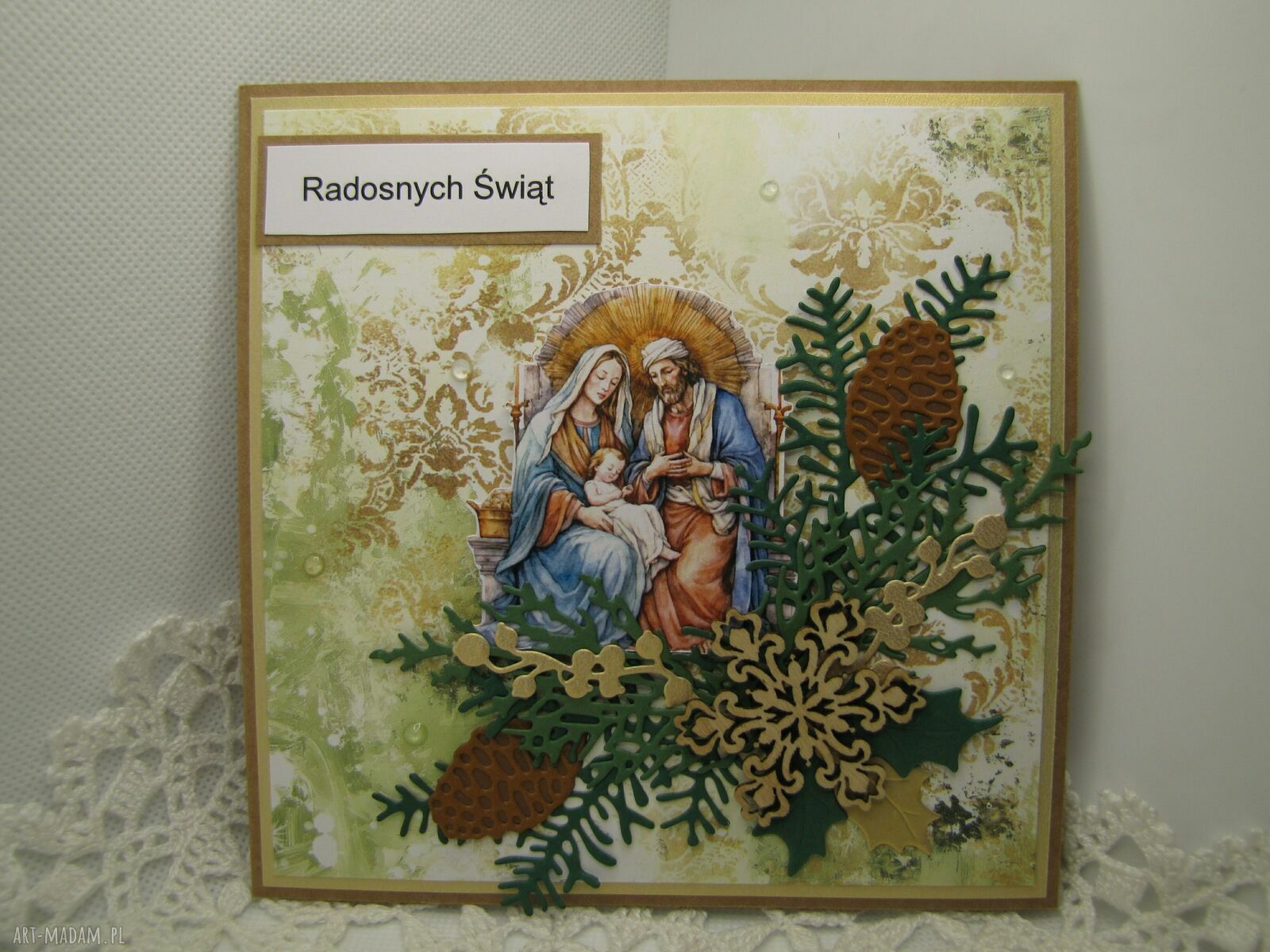 Ręcznie robiona kartka bożonarodzeniowa z motywem Świętej Rodziny