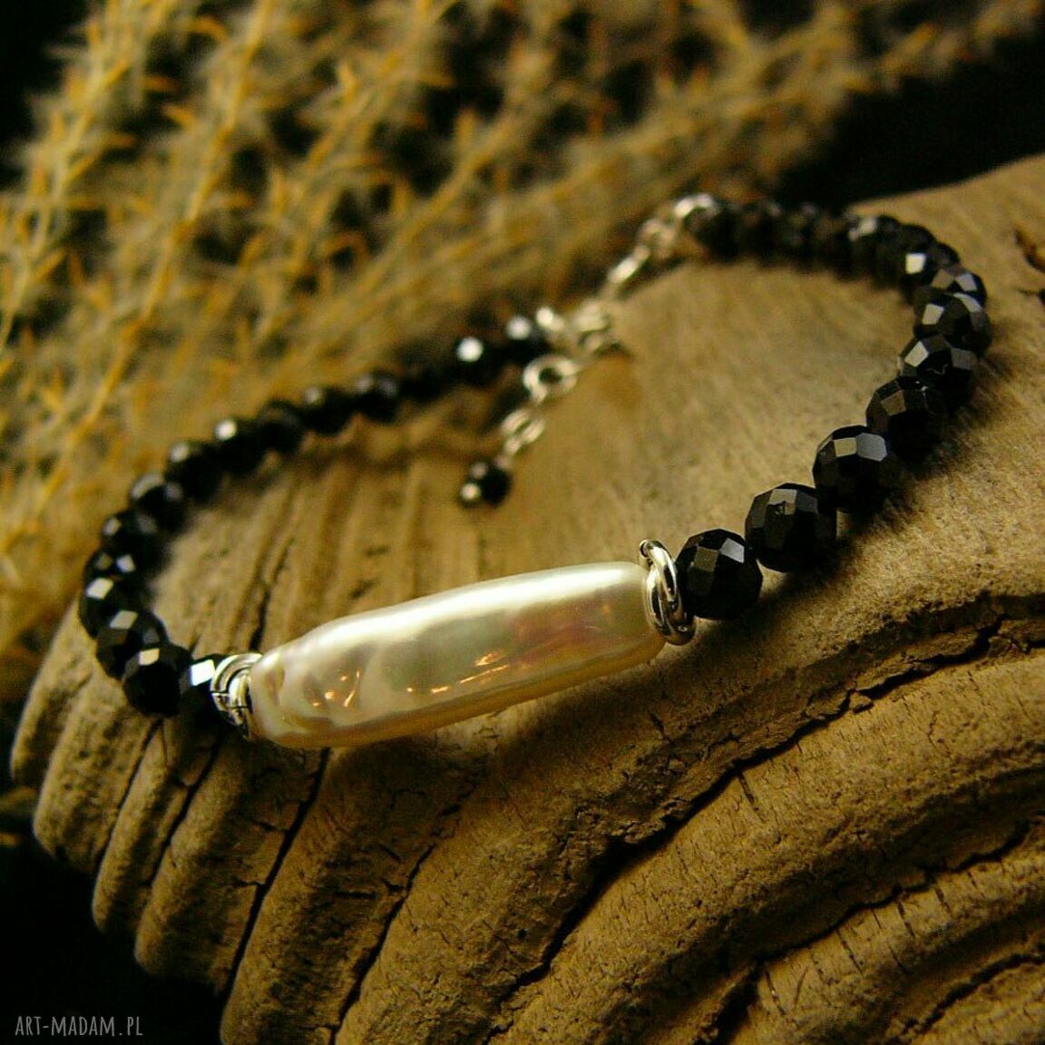 Bransoleta amulet z perłą Keshi i czarnym turmalinem - srebro 925