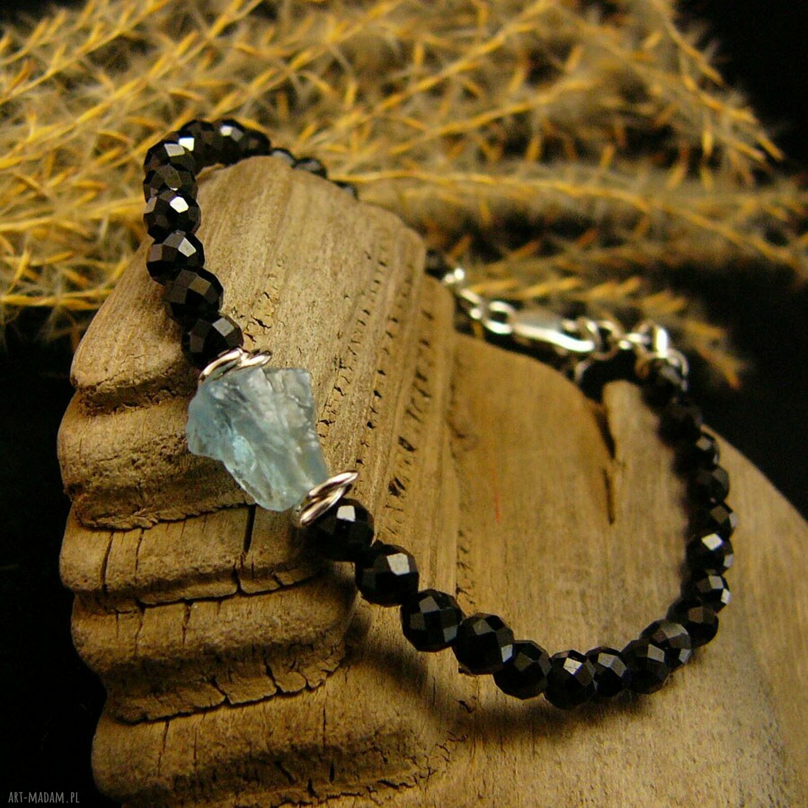Bransoleta amulet ochronny z akwamarynem i czarnym turmalinem - srebro 925 (regulowana)