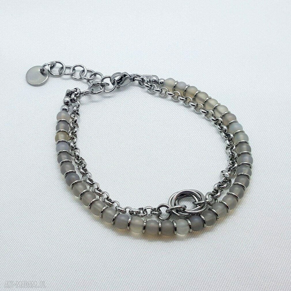 Bransoletka chainmaille z szarym agatem - stalowe ogniwa i mobius ball