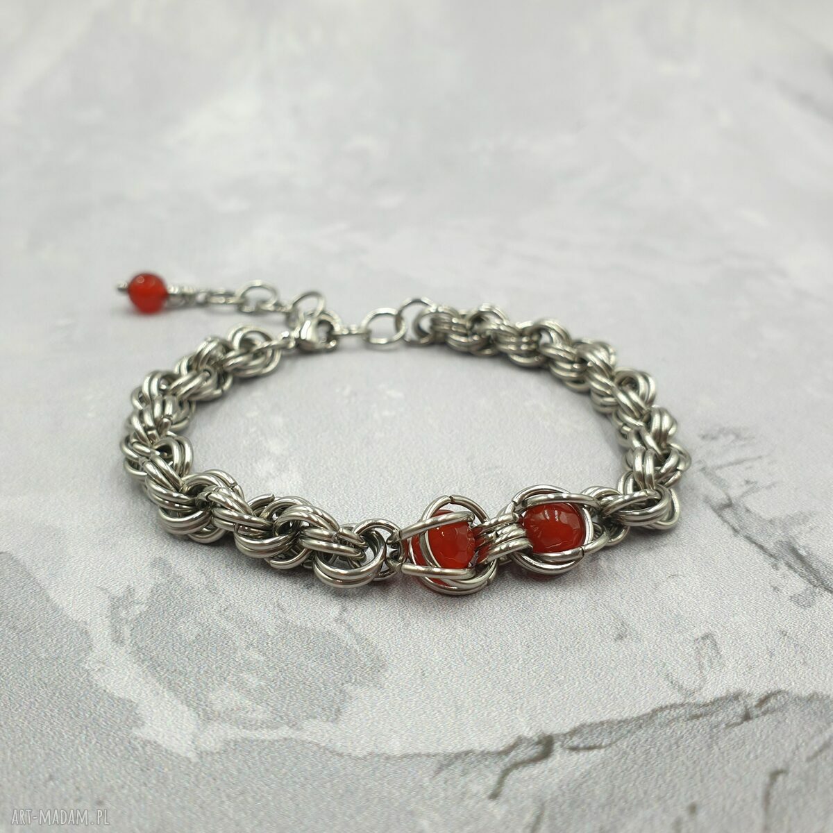 Bransoleta chainmaille z agatem pomarańczowym i stali szlachetnej (regulowana)