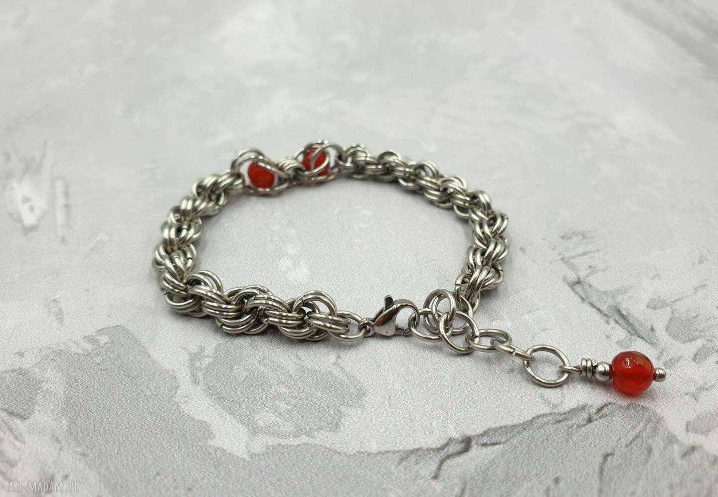 Bransoleta chainmaille z agatem pomarańczowym i stali szlachetnej (regulowana)
